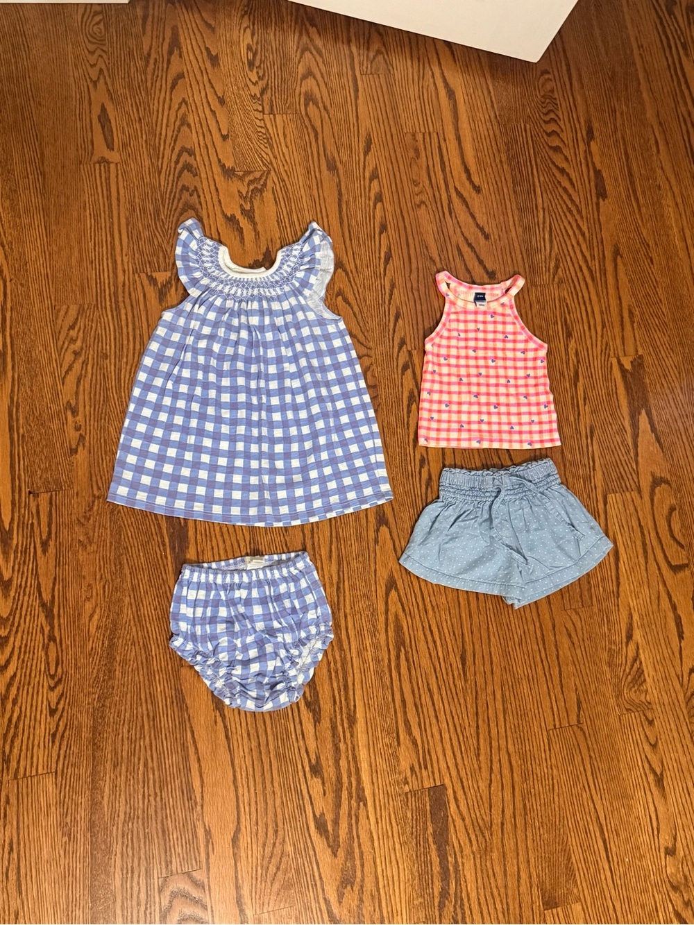 Peek Girls Blue Gingham Dress Bloomers Set with Coral Pink Tank shorts